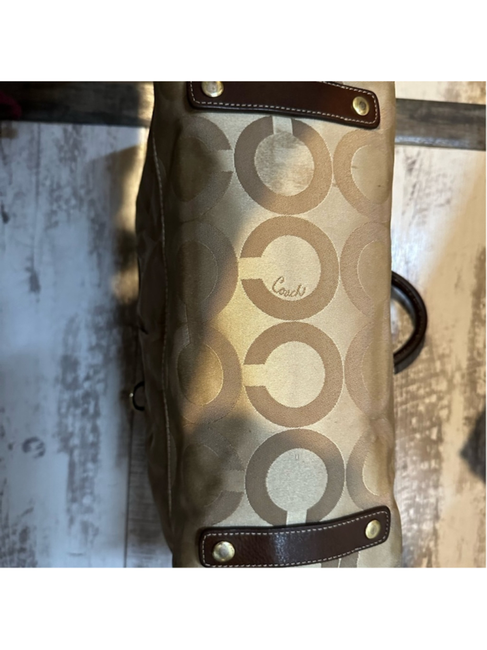 COACH Large Brown Leather and Tan Fabric Signature Canvas Satchel - Picture 10 of 10